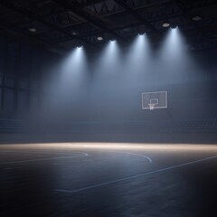 An empty indoor basketball court illuminated by overhead spotlights, highlighting the wooden floor and a single basketball hoop.
