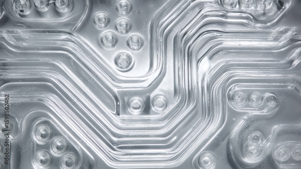 Poster close up view of a transparent casting mold, featuring precise grooves, indentations, and circular o