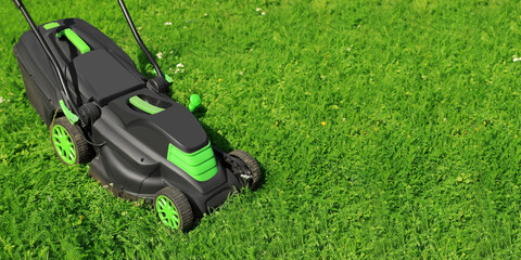 Lawn mower on lush bright green grass outdoors, banner design