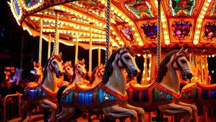 Night-lit Carousel with Ornate Horses