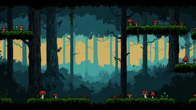 Animated Pixel Art Fantasy Forest Background with Glowing Fireflies and Large Mushrooms