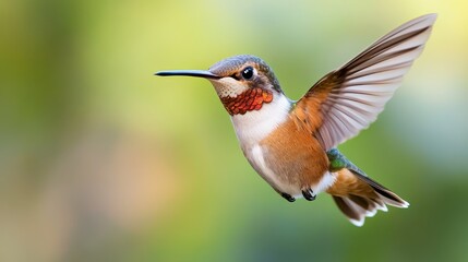 Fototapeta premium Brightly colored hummingbird hovering near vibrant blossoms