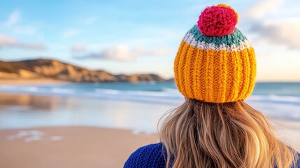 Carefree young woman in colorful knit hat strolls along tranquil beach