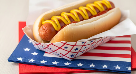 Classic Hot Dog with Mustard and Ketchup on Patriotic Napkins for American Celebration