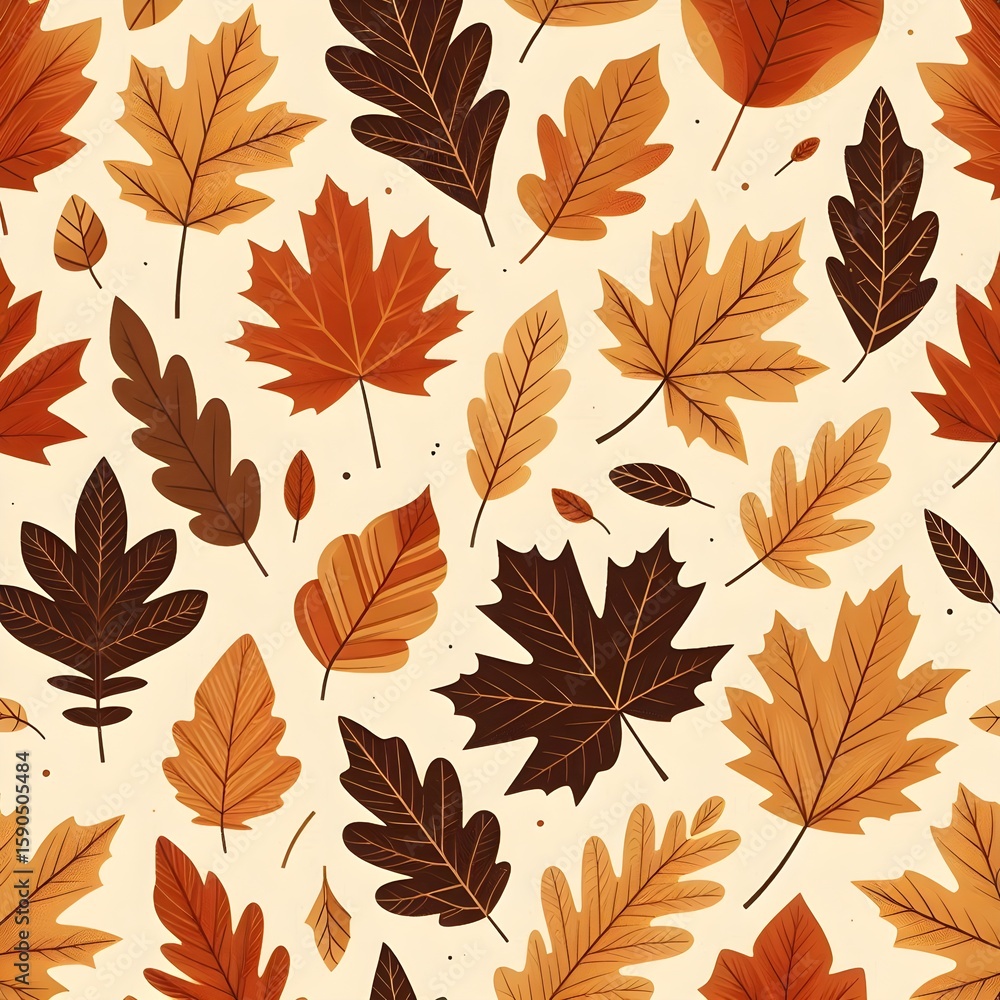 Poster a repeating pattern of oak and maple autumn leaves in flat vector style with warm rust, gold, and pu