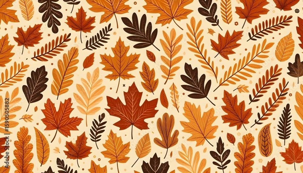 Poster warm-colored oak and maple leaves repeat across a flat autumn background with vector-style minimal i