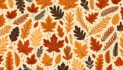 Warm-colored oak and maple leaves repeat across a flat autumn background with vector-style minimal illustration