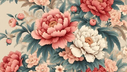 An elegant pattern of traditional Japanese peonies in soft and rich colors arranged with vintage textile-style balance