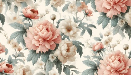 Vintage Japanese floral design with pastel-colored peonies in a seamless pattern resembling elegant traditional wallpaper