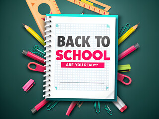 Back to school vector concept design. Back to school text in notebook item with crayons and pencil...
