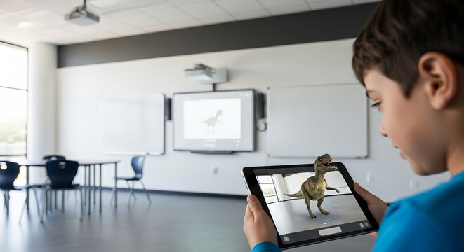 Boy using tablet with augmented reality dinosaur in classroom setting view