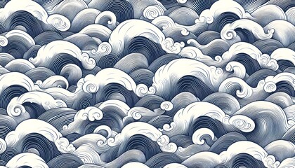 Classic Japanese seigaiha-style wave arcs drawn in soft indigo ink forming a timeless and minimal repeat pattern