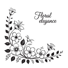 A beautiful black and white corner floral design with handdrawn flowers and leaves, featuring the text floral elegance for a touch of sophistication
