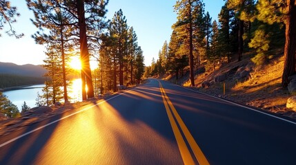 Sunlight streaming through trees along a winding road at sunset