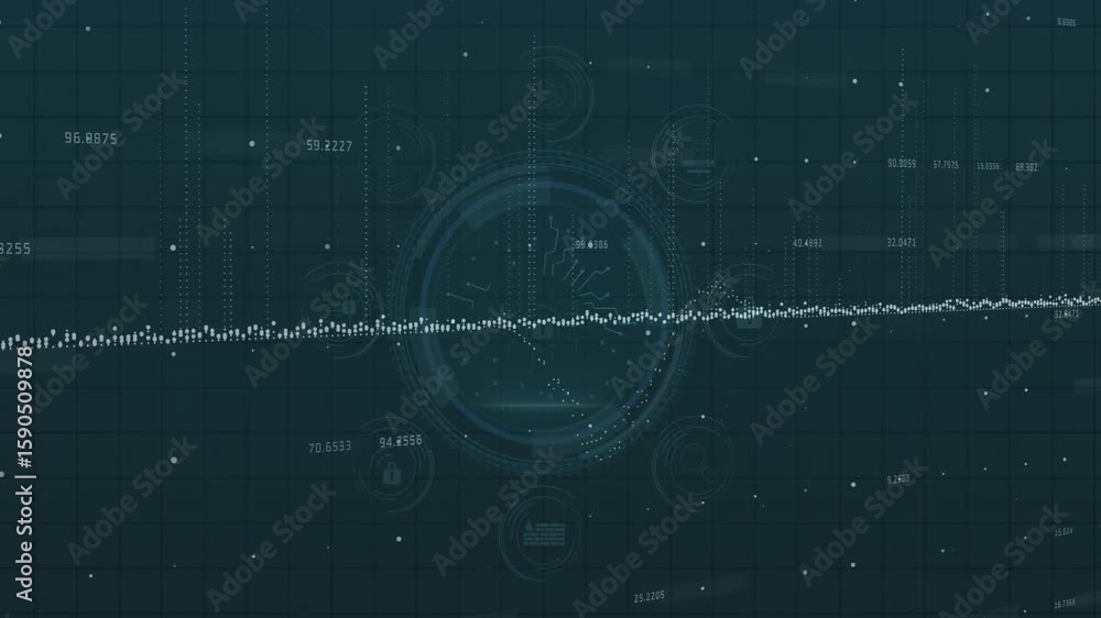 Poster data dots appearing and forming rising line, circle rising with pulsing spikes showing analytics
