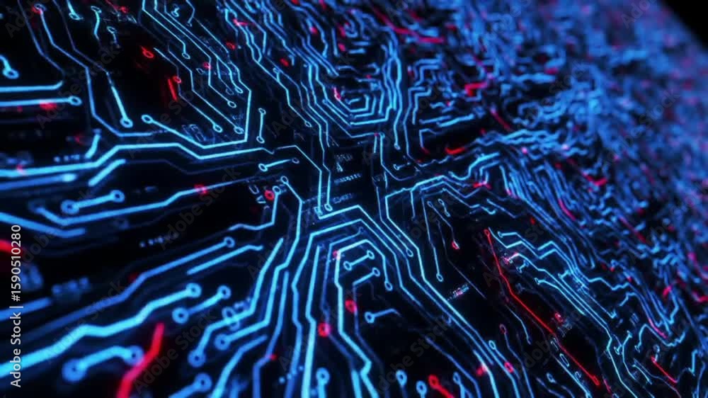 Poster abstract blue and red circuit board pattern on dark background high tech data system conceptual back
