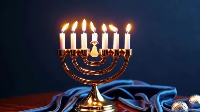 Vibrant hanukkah menorah with twinkling candles and festive blue decorations