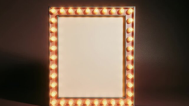 Illuminated vanity mirror with light bulbs on dark brown background