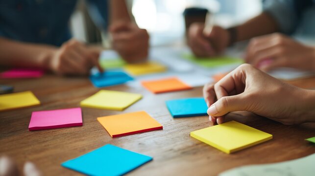People collaborating using colorful sticky notes on a wooden table, brainstorming ideas or planning a project.
