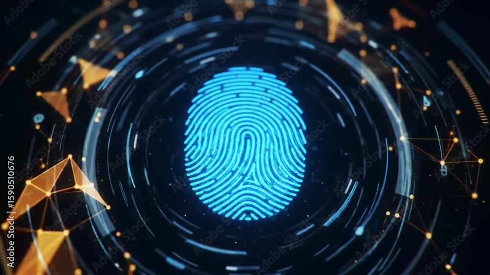 Poster abstract glowing blue digital fingerprint technology security biometric scan in dark background with