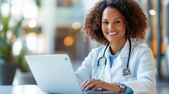 A skilled doctor sits at her clinic desk, focusing intently on her laptop