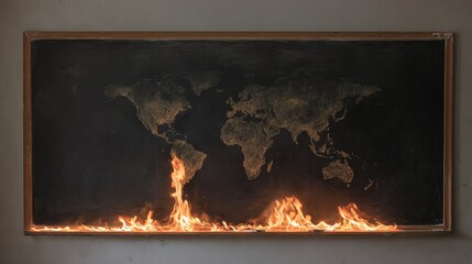A dark world map artwork mounted on a wall with flames rising from the bottom, symbolizing global warming or environmental crisis.