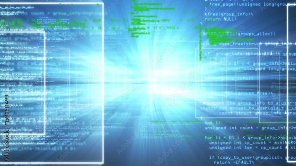 Poster windows showing on blue backdrop igniting green code scrolling and creating pulsing data tunnel