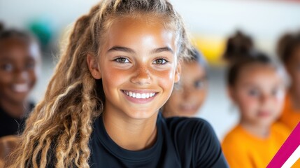 Joyful young coach engaging with elementary students during gym class