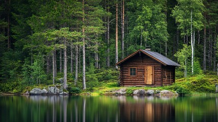 Obraz premium Tranquil Fishing Cabin Retreat by the Forest Lake