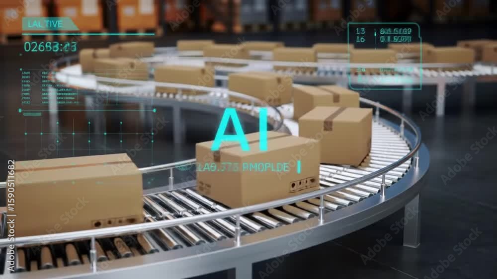 Aufkleber automated conveyor belt system with boxes in warehouse featuring ai elements logistics technology di