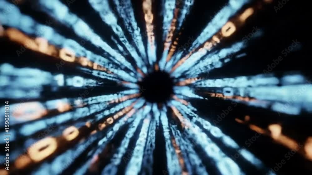 Poster binary code tunnel streaming into central black hole against dark backdrop for abstract digital tech
