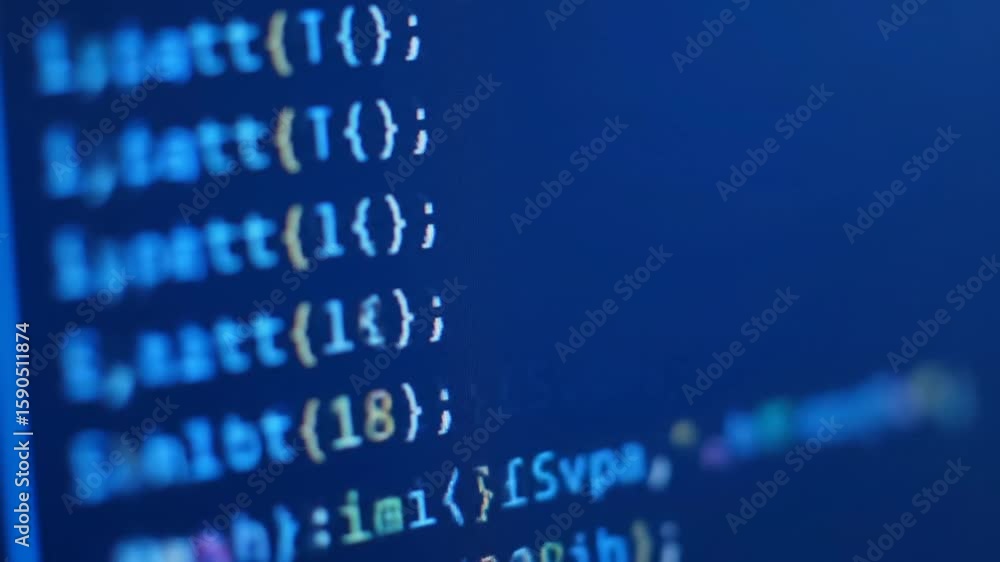 Poster blue computer screen displaying lines of code in a macro shot with focus on digital technology and p