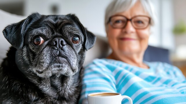 Seniors enjoying cozy moments together with a beloved pug and coffee