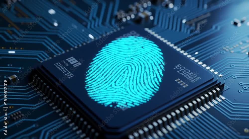 Poster blue fingerprint on dark microchip symbolizing advanced technology and data security solutions with 
