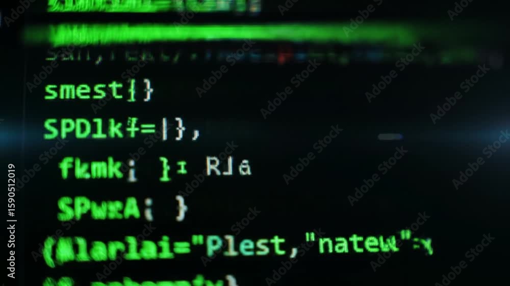 Poster blurred green code lines on dark background illustrating digital technology cybersecurity and progra