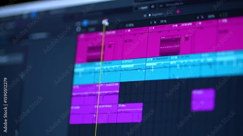 Poster close up of audio editing software with blue and purple interface on monitor screen