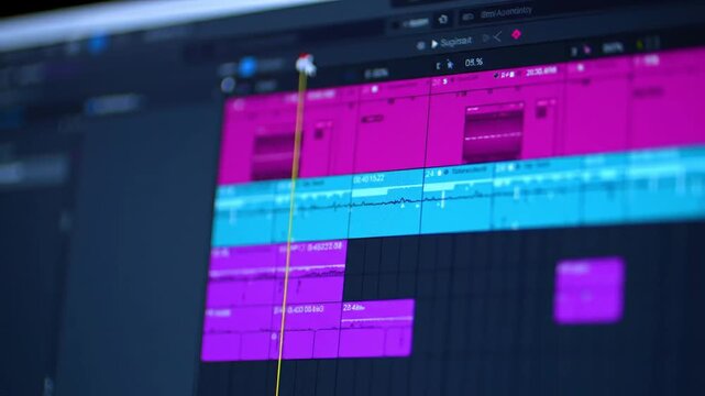 Close Up of Audio Editing Software with Blue and Purple Interface on Monitor Screen
