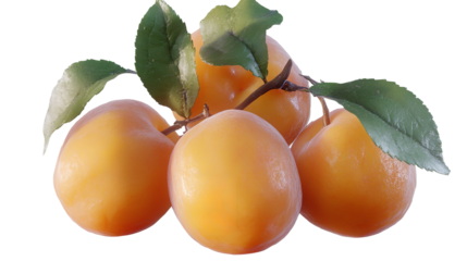 A cluster of ripe golden plums freshly picked with vibrant green leaves evoking the sweetness on transparent background