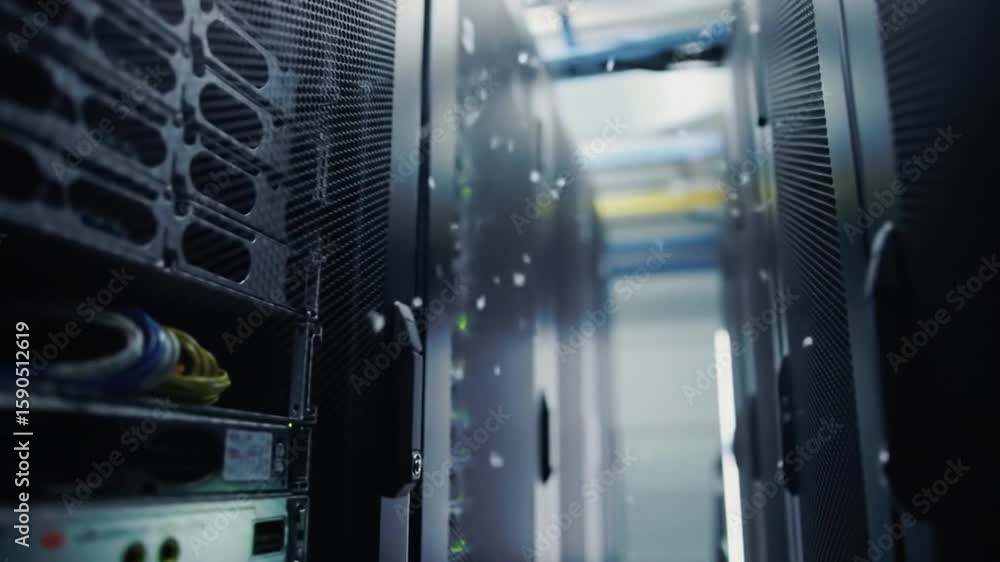 Poster close up of rows of black network servers with flashing green lights in data center