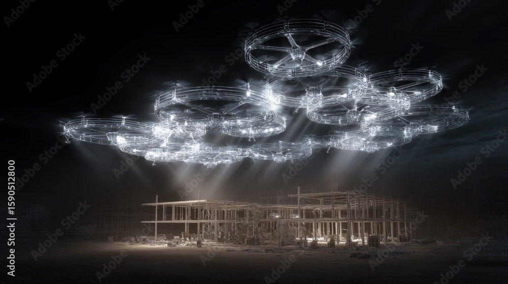 Poster autonomous drones, with glowing sensors, hover above a partially constructed airtaxi vertiport, tran