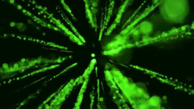 Computer-generated animation of vivid green light particles radiating from the center outward on a black background. Energetic and futuristic, perfect for sci-fi intros, tech visuals, or digital motio