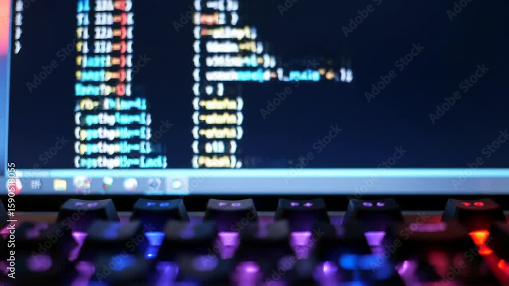 Poster code on laptop screen with vibrant keyboard backlight for software development and data analysis