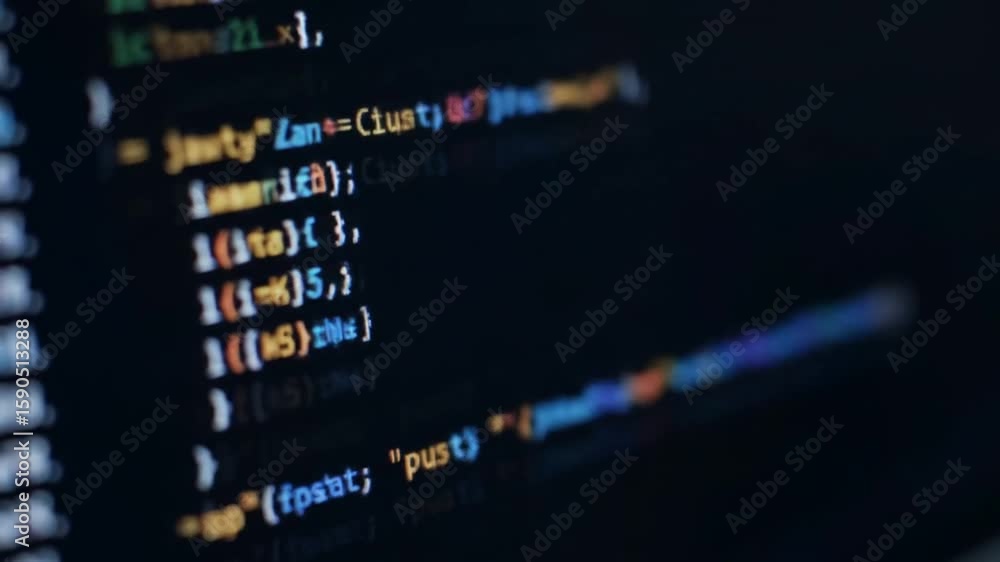Poster complex source code displayed on computer screen with colored syntax highlighting for software devel