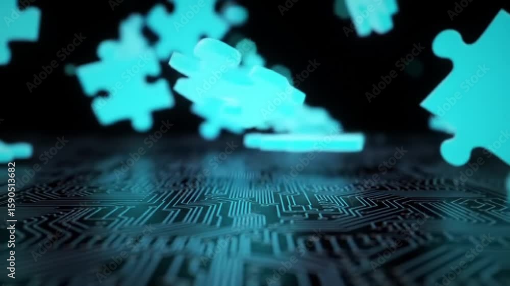 Poster cyan puzzle pieces floating above a circuit board pattern in dark background and glowing futuristic 