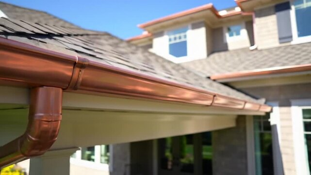 Copper Gutters Detail on House Exterior With Clear Sky Architecture and Clean Lines Home Improvement on a Sunny Day