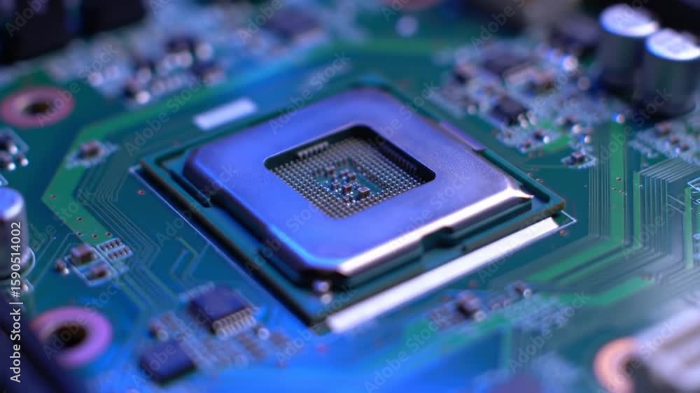 Poster detailed computer motherboard with central processor socket featuring blue lighting, high tech elect