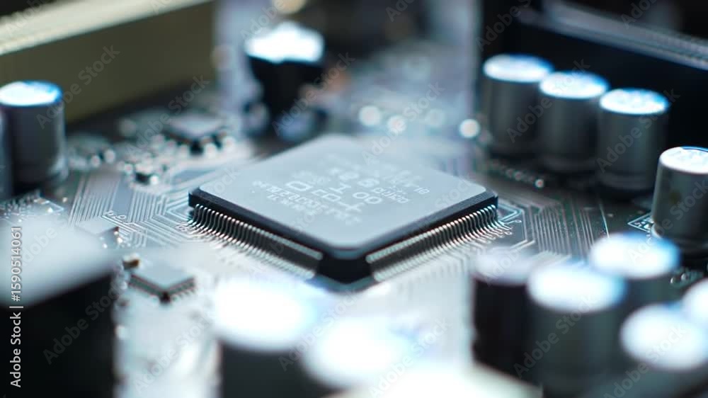 Poster detailed close up of a computer cpu on a circuit board with electronic components and shallow depth 