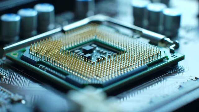Detailed Close Up of Blue Computer CPU Chip with Golden Pins on Motherboard in Soft Lighting
