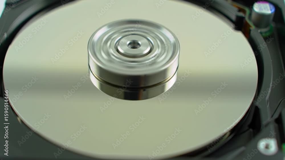 Poster detailed silver and gray hard drive disk with read write head technology components
