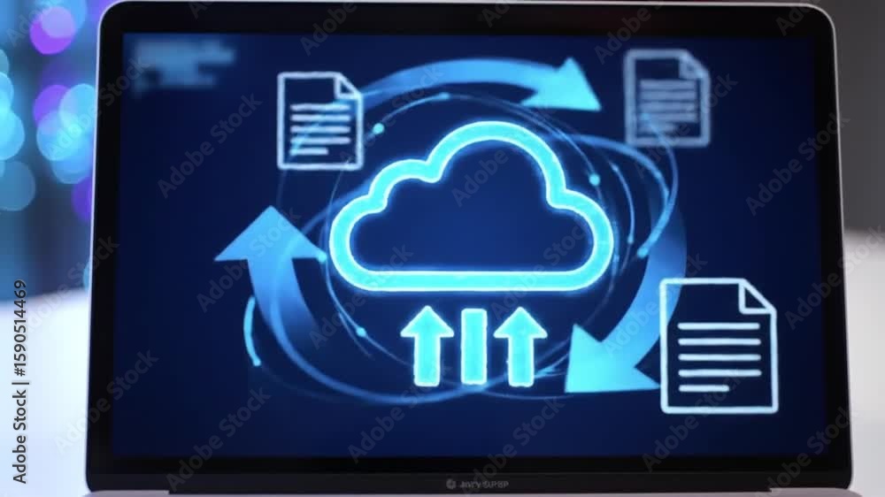 Poster digital blue cloud data transfer graphic displayed on laptop screen with circulating arrows and docu